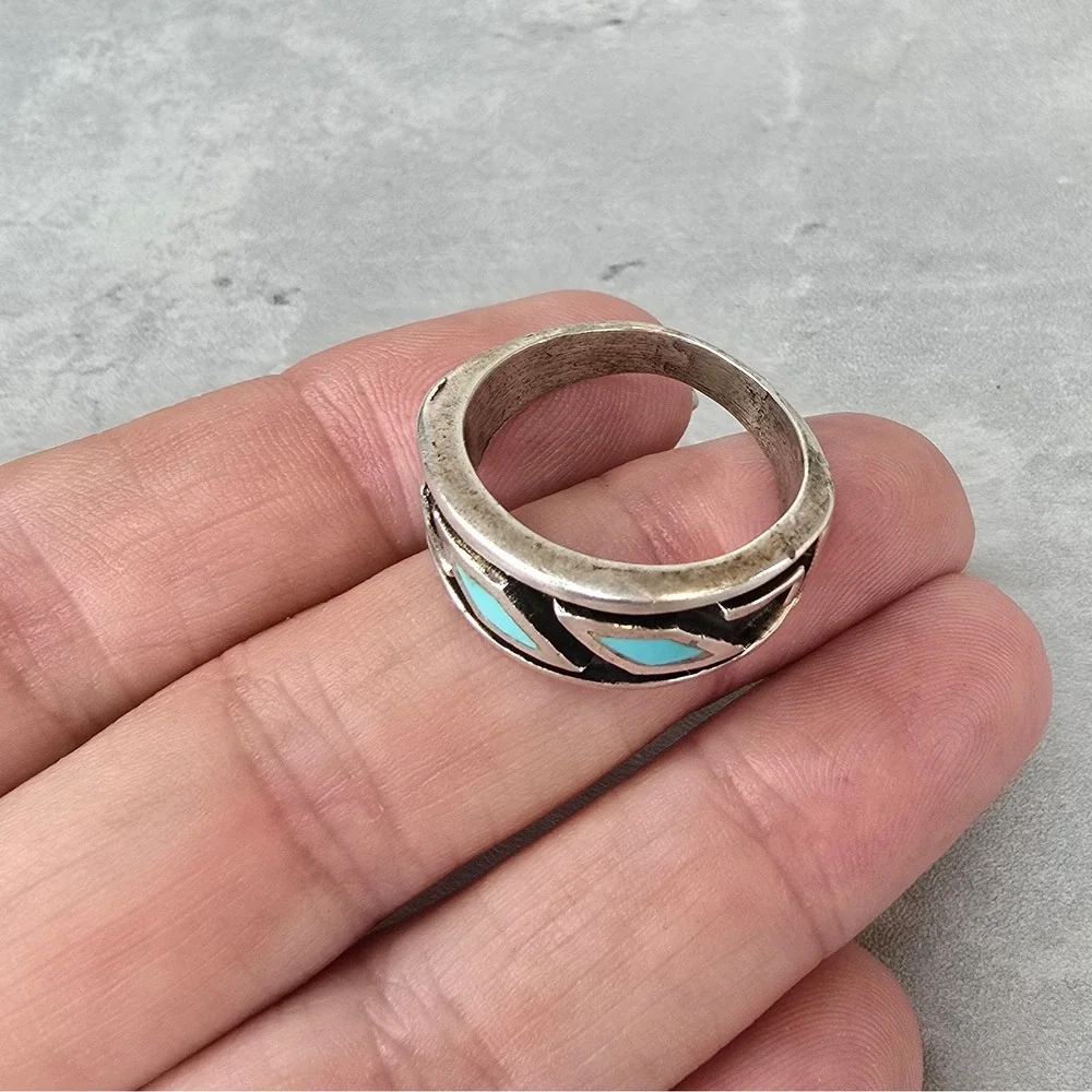Vintage Southwestern Ring Turquoise Inlay Geometric Band Silver Tone Size 9